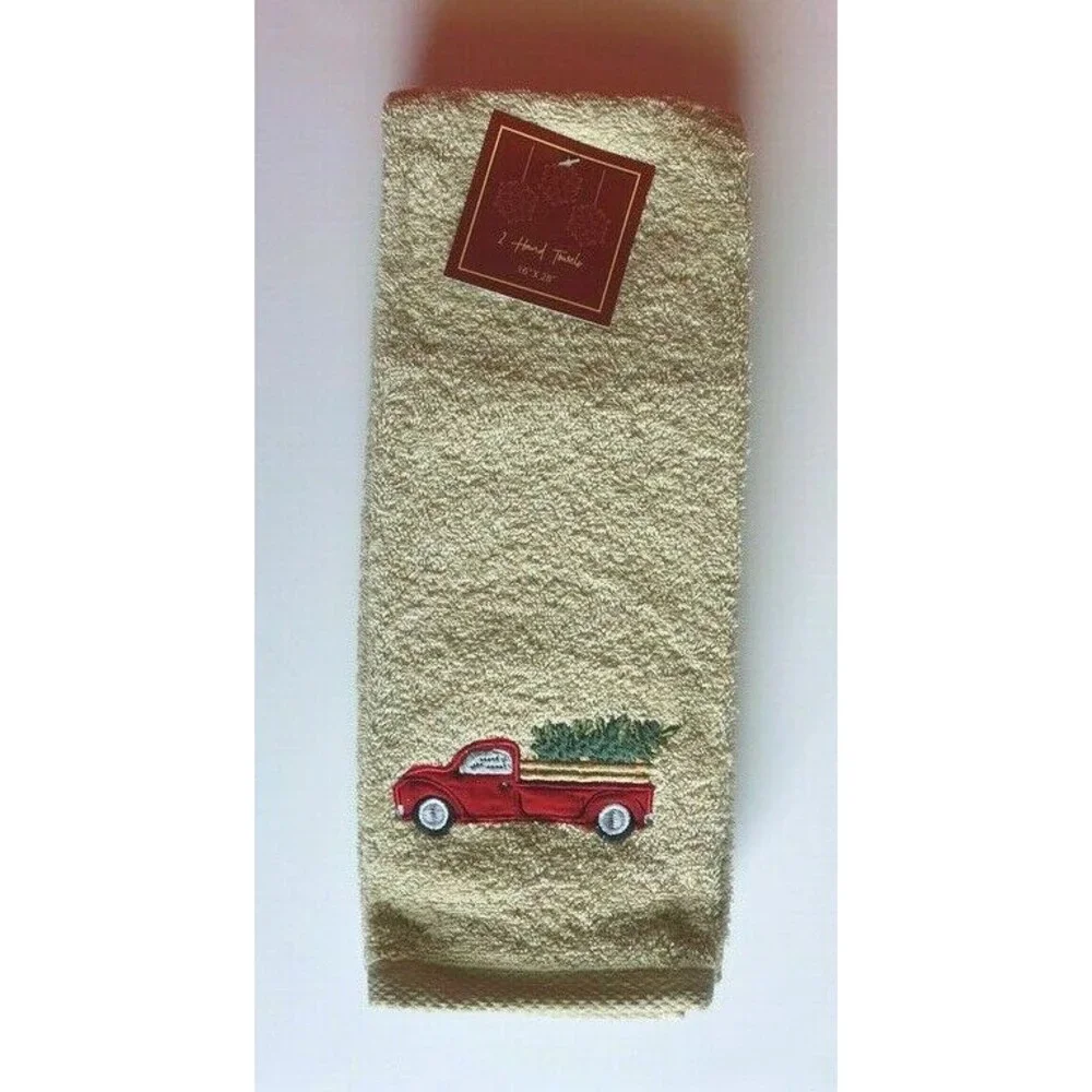 Christmas Tree Red Farm Truck Hand Towels Embroidered Bathroom 16x28 Set of 2